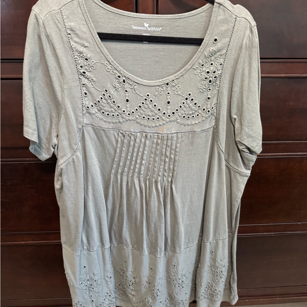 Woman Within Olive Green Embroidered Blouse